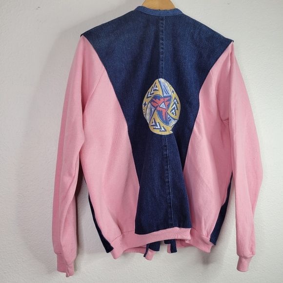 OOAK Pink denim jacket upcycled retro sweater - Picture 8 of 8